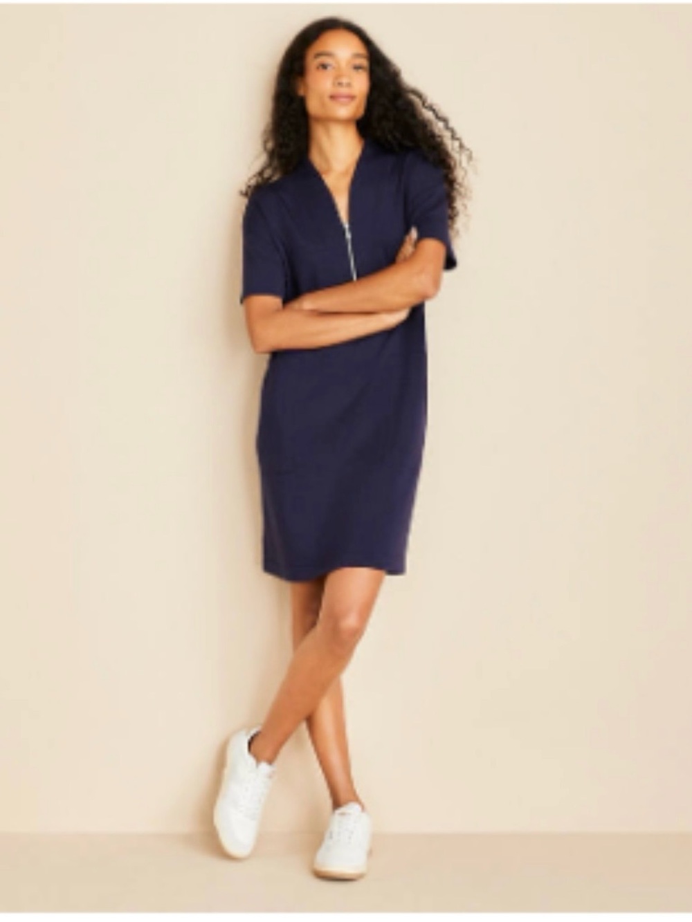 NWT- Lou & Grey Navy Short Sleeve Zip-Front Shift Dress